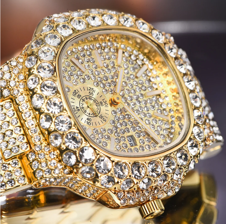 Relógio masculino de luxo, diamante, Ouro  Hip Hop  de quartzo com brilho dourado